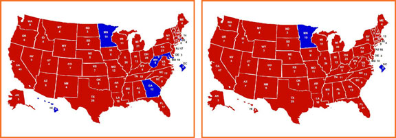 electoral votes, presidential election 2012, lopsided races, landslide races, read and blue states